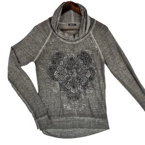 Kandy Kiss Womens Cowl Neck Top M Gray Graphic Print Mandala Long Sleeve Burnout